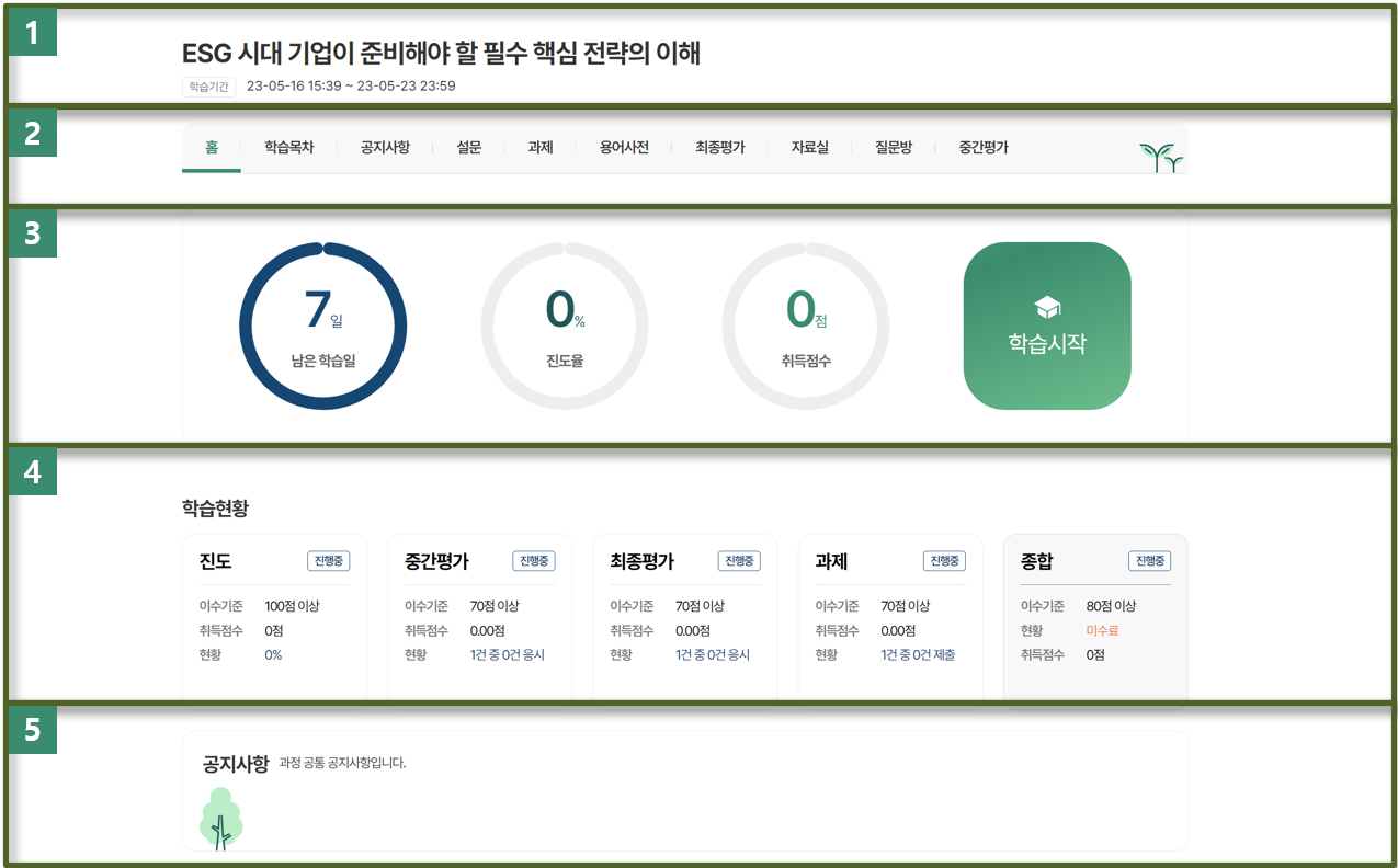 과정상세 과정명 및 학습기간 / 메뉴 / 진도현황 / 학습현황 / 공지사항 화면